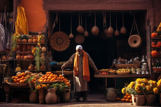 Un homme se tient devant un stand de fruits avec une pancarte qui dit « x ».