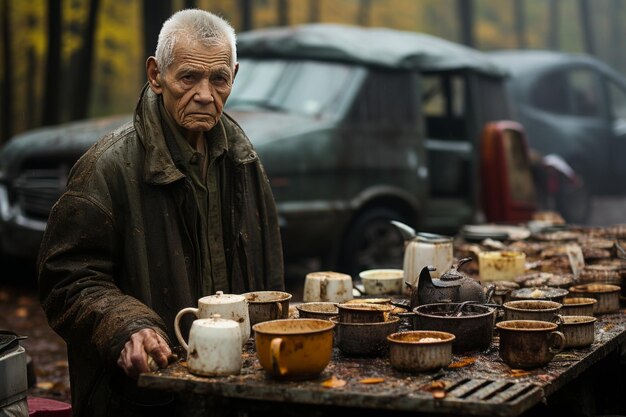 Photo un homme se tient devant une table pleine d'ustensiles de cuisine.