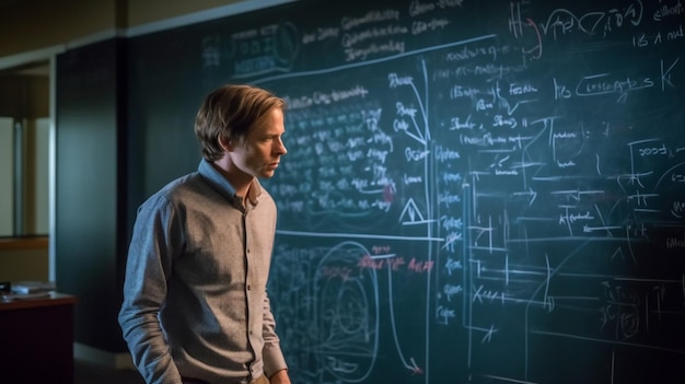 Un homme se tient devant un tableau noir avec les mots "science" dessus