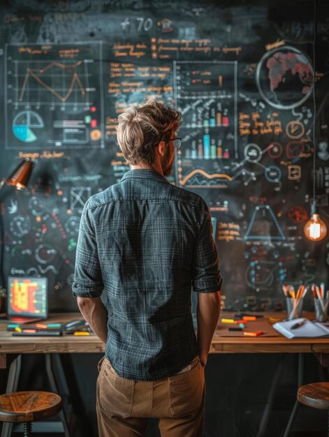 un homme se tient devant un tableau noir avec les mots " test " écrits dessus