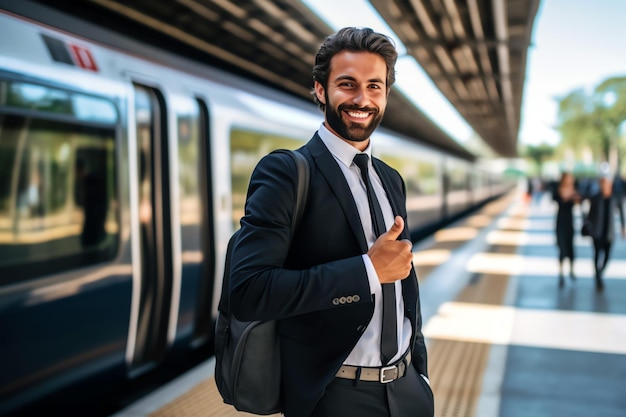 Un homme se tient devant un train et sourit à la caméra