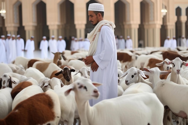 Un homme se tient devant un troupeau de chèvres.