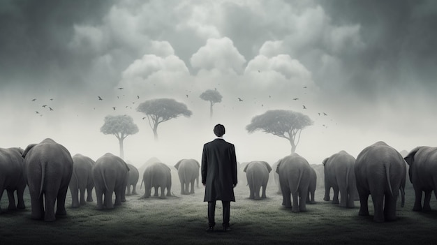 Un homme se tient devant un troupeau d'éléphants.
