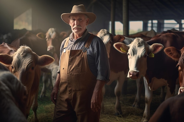 Un homme se tient devant un troupeau de vaches.