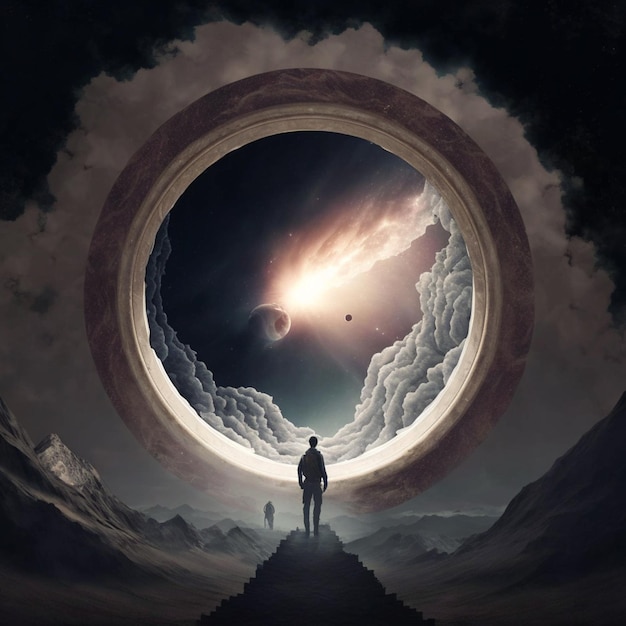 Un homme se tient devant un tunnel sur lequel se trouve une planète.