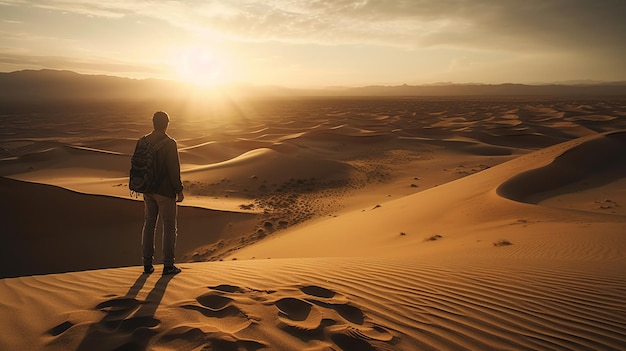 Un homme se tient sur une dune dans le désert.