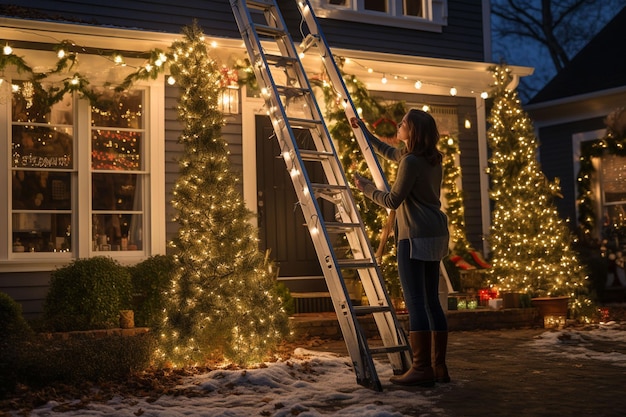 un homme se tient sur une échelle pour installer des lumières de Noël sur une maison