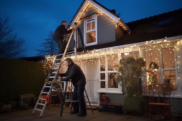 un homme se tient sur une échelle pour installer des lumières de Noël sur une maison