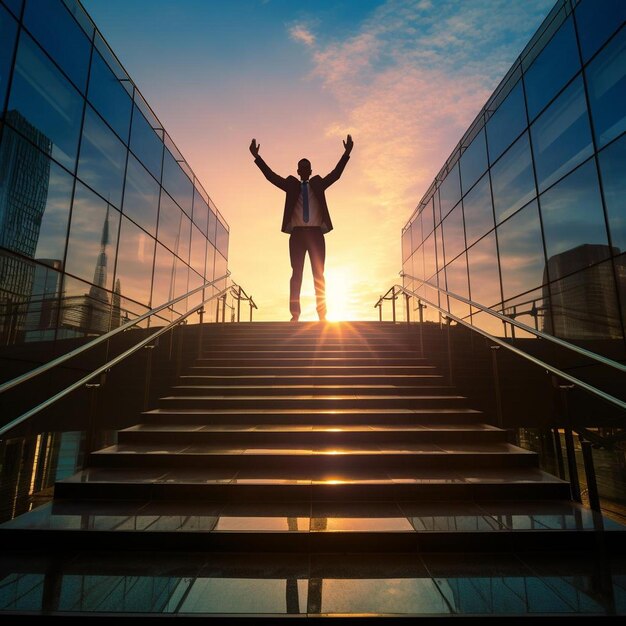 Photo un homme se tient sur un escalier et le ciel est orange et bleu