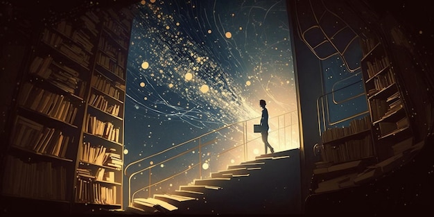 Un homme se tient sur un escalier devant une bibliothèque avec une ampoule sur le dessus.