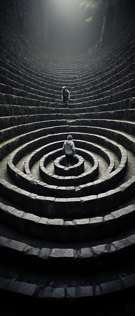 un homme se tient sur un escalier en spirale dans une photo en noir et blanc