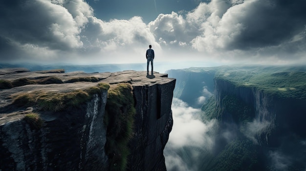 Un homme se tient sur une falaise au-dessus des nuages.