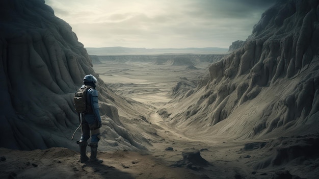 Un homme se tient sur une falaise dans un désert avec une planète en arrière-plan.