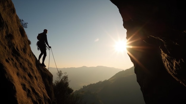 Un homme se tient sur une falaise dans les montagnes avec le soleil qui brille sur son dos.