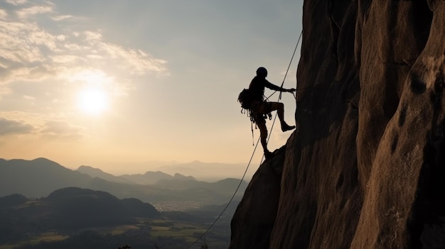 Un homme se tient sur une falaise dans les montagnes avec le soleil qui brille sur son dos