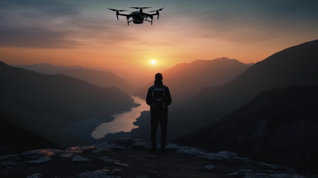 Photo un homme se tient sur une falaise avec un drone survolant une montagne au coucher du soleil.