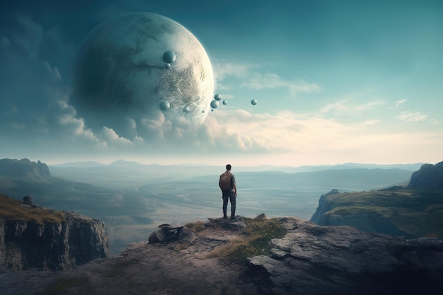 Un homme se tient sur la falaise et regarde le fond des planètes désertiques et universelles entourées de montagnes