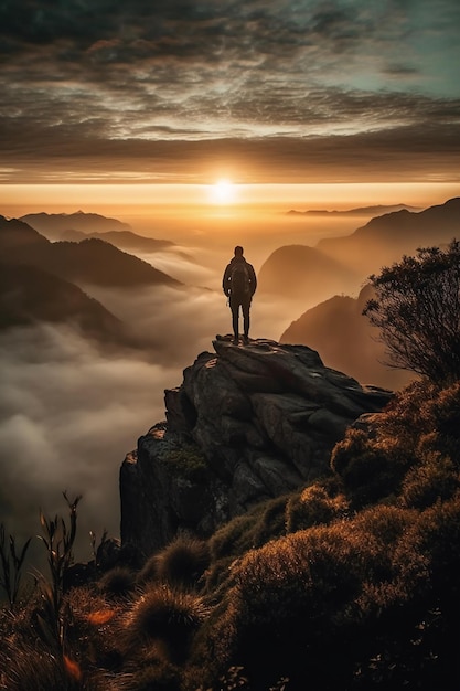 Un homme se tient sur une falaise surplombant un coucher de soleil.