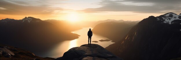 Photo un homme se tient sur une falaise surplombant un lac et le soleil se couche.