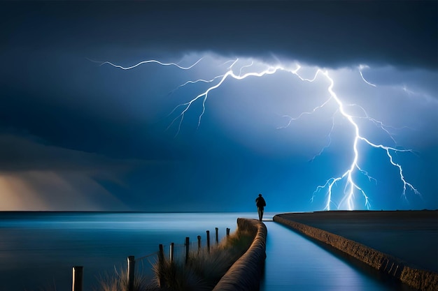 Un homme se tient sur une jetée avec une tempête en arrière-plan.