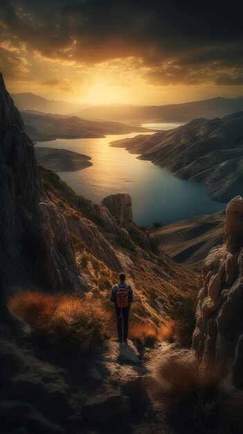 Un homme se tient sur une montagne avec un coucher de soleil en arrière-plan.