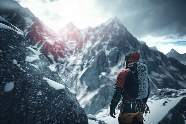 Un homme se tient sur une montagne devant une montagne enneigée.