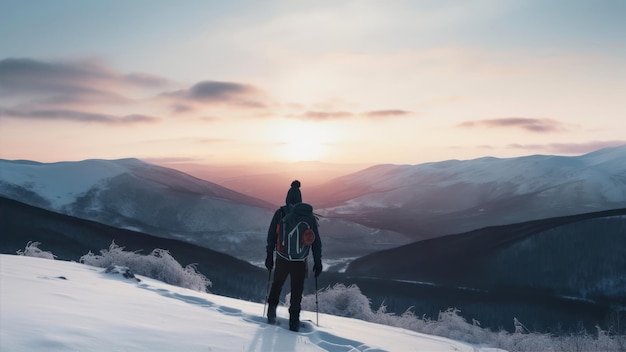 Un homme se tient sur une montagne enneigée en regardant le coucher du soleil.