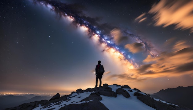 Un homme se tient sur une montagne avec une étoile comme un nuage derrière lui.