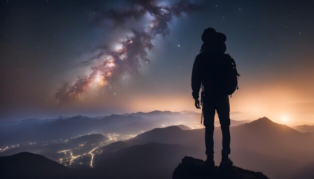 un homme se tient sur une montagne en regardant un ciel étoilé avec une ville en arrière-plan