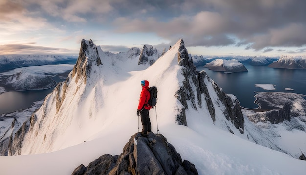 un homme se tient sur une montagne avec un sac à dos sur son dos