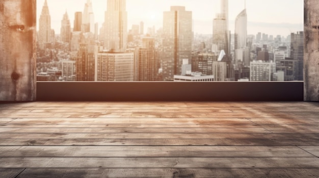 un homme se tient sur un parquet devant un grand paysage urbain.