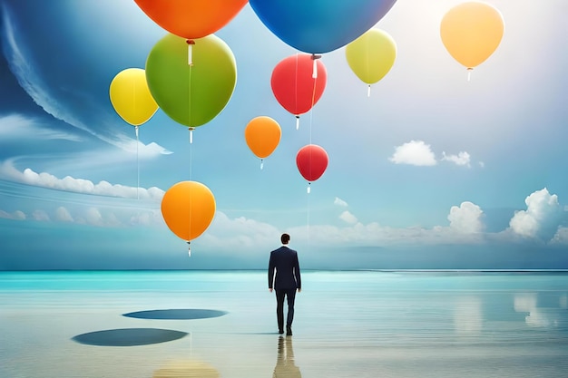 Un homme se tient sur la plage avec des ballons flottant au-dessus de lui.