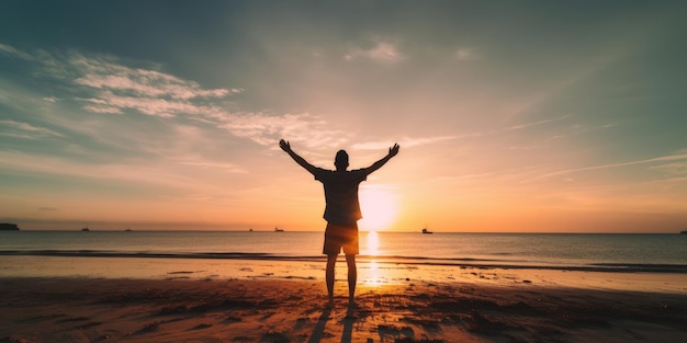 Un homme se tient sur la plage, les bras levés en l'air.