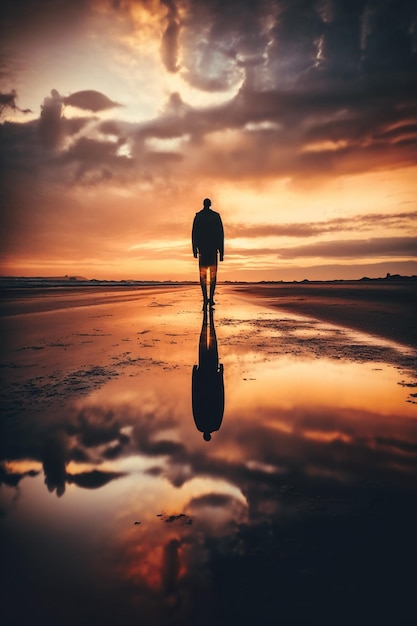 Un homme se tient sur une plage avec un ciel nuageux en arrière-plan.