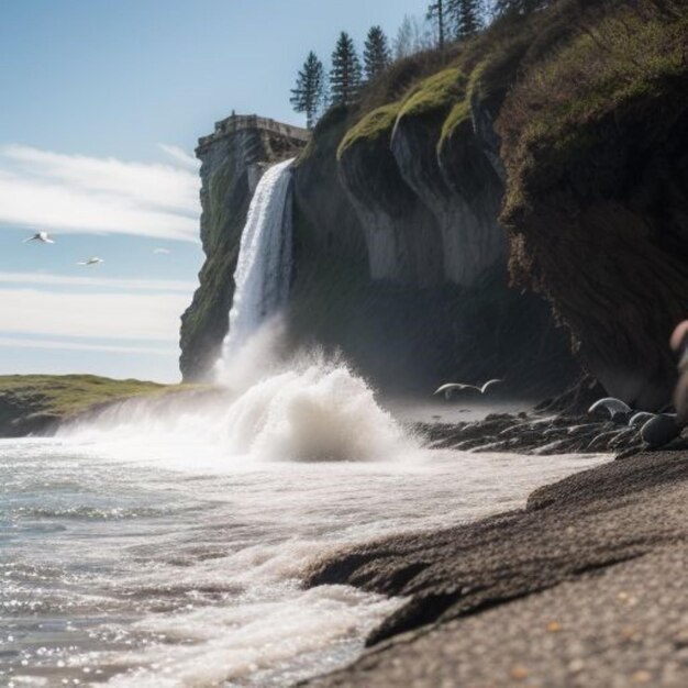 Photo un homme se tient sur une plage à côté d'une cascade