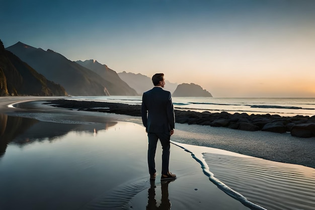 un homme se tient sur une plage devant une chaîne de montagnes.