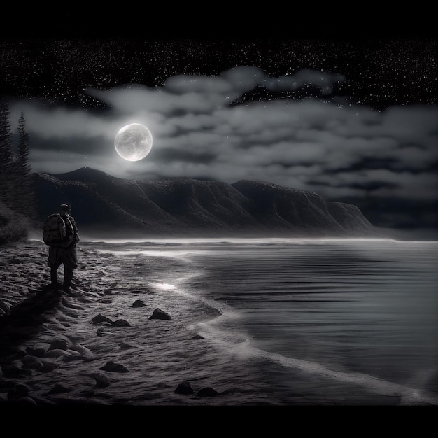 Un homme se tient sur la plage devant une pleine lune.