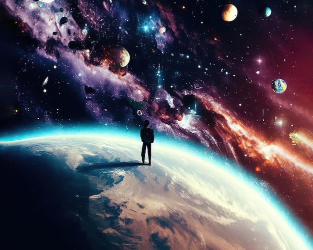 Un homme se tient sur une planète avec les étoiles en arrière-plan
