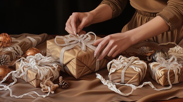 l'homme se tient près de la table et prépare des boîtes avec des arcs tout en célébrant Noël à la maison