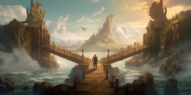 Un homme se tient sur un quai devant une montagne et un pont
