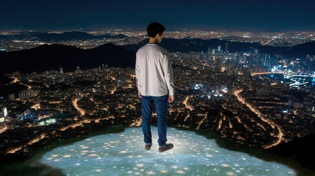 Un homme se tient sur un rebord devant un paysage urbain.