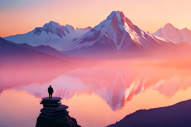 Un homme se tient sur un rebord surplombant un lac de montagne avec un ciel rose et le soleil brille sur lui.