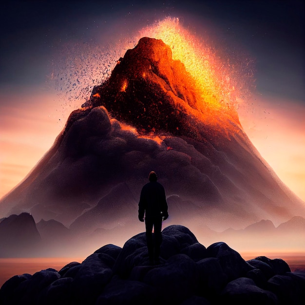 Un homme se tient sur un rocher avec les mots « volcan » en bas.
