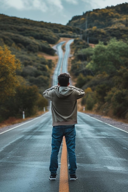 Un homme se tient sur la route.