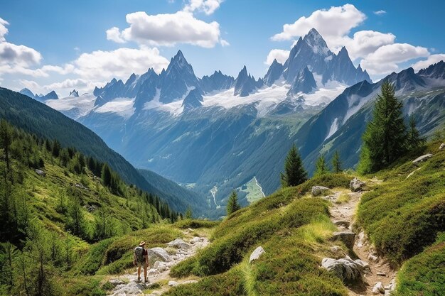 Un homme se tient sur un sentier dans les montagnes de France.