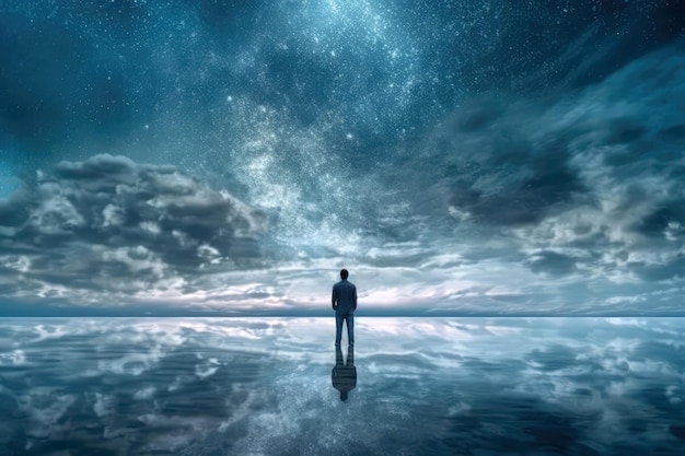 L'homme se tient seul dans l'eau avec le ciel au-dessus de lui Generative AI