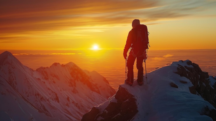 Photo un homme se tient sur le sommet d'une montagne regardant le coucher de soleil le ciel est rempli de nuages et le soleil i