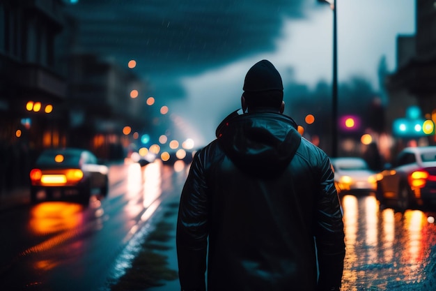 Un homme se tient sous la pluie devant une rue avec des voitures et un réverbère.