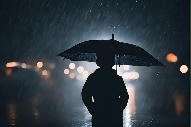 Un homme se tient sous la pluie avec un parapluie sous la pluia.