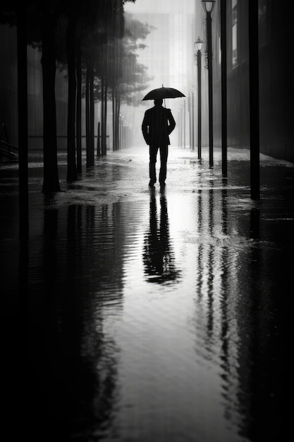 Un homme se tient sous la pluie avec un parapluie.